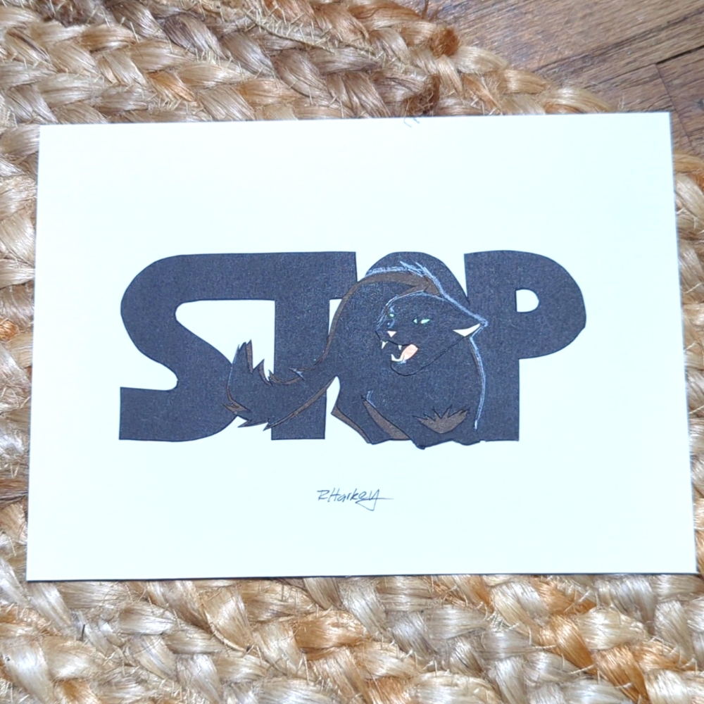 Funny angry cat art, cut paper, 5x7